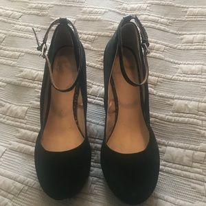 Black suede Mary Jane wedges